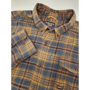 Ariat Rebar Shirt Men's XL Blue Brown‎ Plaid Flannel Long Sleeve Workwear